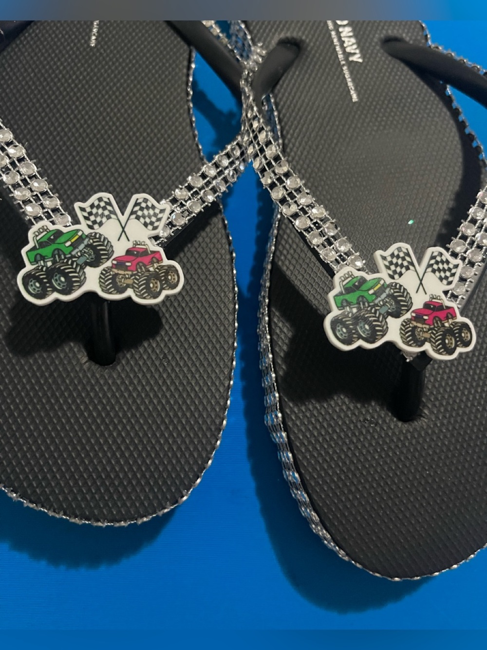 Black Rhinestone Flip Flops with Monster Truck Charms